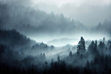 Beautiful Landscape With Foggy Mountains And Pine Forest