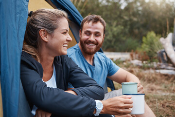 Couple, bonding or drinking coffee in camping tent in nature earth environment, Canada woods or sustainability forest. Smile, happy woman or laughing man with tea on romance love date in countryside