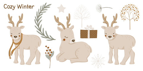 Naklejka na meble Winter Polar deer, trees, Christmas trees, gift box, star, snowflake illustration for design, cards, print, pattern, isolated on a transparent background