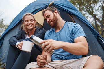 Canvas Print - Camping, coffee and love with a couple in a tent, drinking from a flask while hiking together in nature. Tea, summer and relax with a man and woman in the natural mountains for bonding or adventure