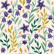 Seamless pattern with bluebell flowers and leaves. Vector graphics.