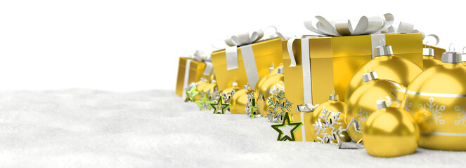 isolated glossy christmas decoration lined up on white. 3d rendering yellow shiny baubles ornaments.