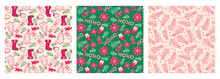 A Set Of Seamless Christmas Patterns. Seamless Vector With Christmas Tree Branches And Gingerbread Men For Fabric Or Paper Print.