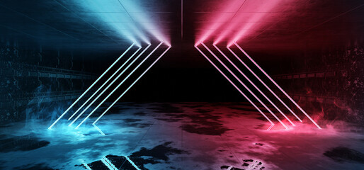 Aufkleber - Cyber neon laser Interior. Garage room hangar with sci fi glowing blue red tubes. Futuristic dark tunnel warehouse with metal panels wall lighted with lights. Construction 3d Rendering