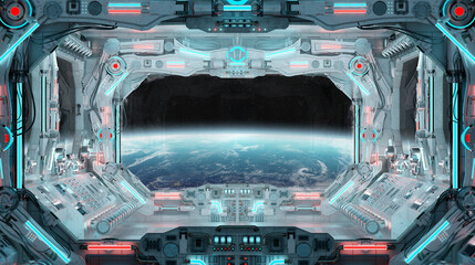 Wall Mural - White spaceship interior with glowing blue and red lights. Futuristic spacecraft with large window view on planet Earth. 3D rendering
