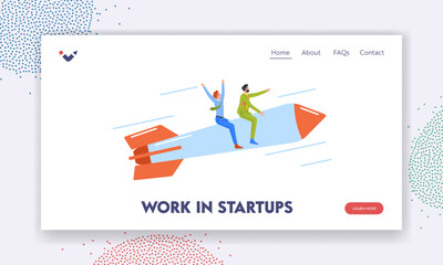 Wall Mural - Work in Startup Landing Page Template. Cheerful Business Men Characters Flying Up by Rocket Engine. Workers Career Boost