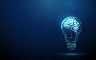 abstract blue glowing light bulb with brains inside.