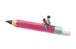 A boy and a girl riding a flying pencil. Concept idea of child, education, school, freedom, dream, kid, brother and sister. 3d illustration. cute cartoon