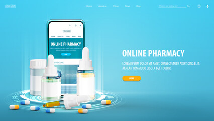 Online pharmacy, banner with smartphone and medications on blue portal made of digital rings in blue empty scene