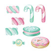Watercolor clipart with sweets: donut, marshmallow, candy cane, macaron. Food illustration isolated on white background in cartoon style