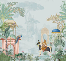 Traditional Mughal Emperor Riding Horse In A Garden Illustration Vector Pattern For Wallpaper