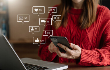 Wall Mural - social media and marketing virtual icons screen concept.close up of businesswoman typing keyboard ta