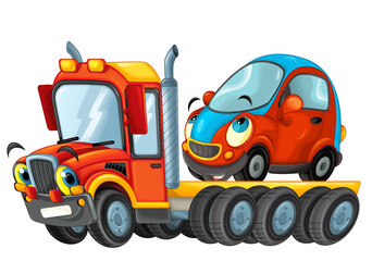 Wall Mural - funny cartoon tow truck driver with other car