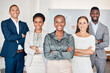 Business team portrait, people smile in professional office and global company diversity in Toronto boardroom. Black woman in leadership career, happy corporate staff together.and group success