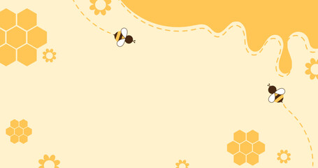 Canvas Print - Honey sign with hexagon grid cells, honey drop and bee cartoon on yellow background vector.