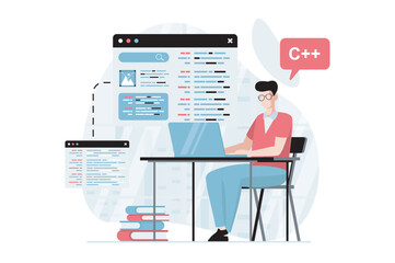 Leinwandbilder - Software development concept with people scene in flat design. Man programming and creating code, fills in layout of site and corrects errors. Vector illustration with character situation for web