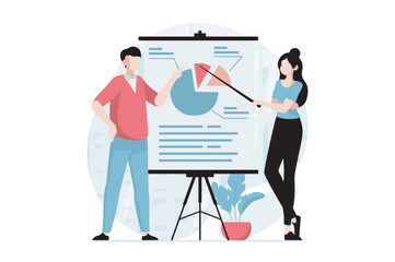 Aufkleber - Strategic planning concept with people scene in flat design. Man and woman analyze company statistics at presentation and create development plan. Vector illustration with character situation for web