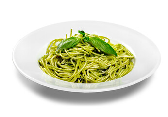 Wall Mural - Italian pasta spaghetti with pesto sauce and basil leaf close-up