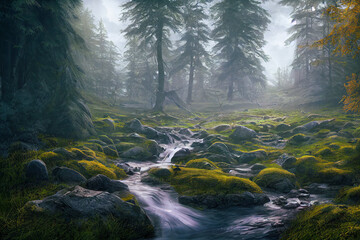 Wall Mural - Creek with rocks and moss in scandinavian forest landscape