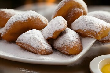 Close-up of beignets on a white plate served with sugar powder