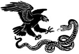 Fototapeta Konie - Eagle fighting with a snake serpent. Silhouette. Isolated vector illustration