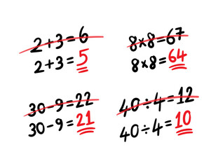 hand drawn correct and incorrect math operations exercises. scribble addition, subtraction, multiplication, division exercises