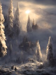 Wall Mural - Massive gothic cathedral in a snowy valley surrounded by trees in winter