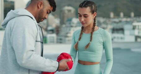 Poster - Personal trainer, woman boxer and boxing training on city rooftop for outdoor gym fitness, exercise and cardio wellness workout activity. Healthy sports athlete, fighter and boxing girl with gloves