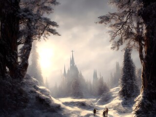 Wall Mural - Massive gothic cathedral in a snowy valley surrounded by trees in winter