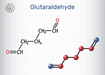 Poster - Glutaraldehyde, glutaral molecule. It is is used for industrial, laboratory, agricultural, disinfection of medical devices. Structural chemical formula, molecule model. Sheet of paper in a cage