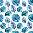 Seamless herbal pattern with blue watercolor leaves.