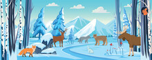 Animals In The Forest In Winter.Winter Forest Background With Animals, Trees, Snowy Fir Trees, Mountains, Stones, Driftwood And Fields In The Snow. Panorama Of Winter Landscape. Vector Banner.