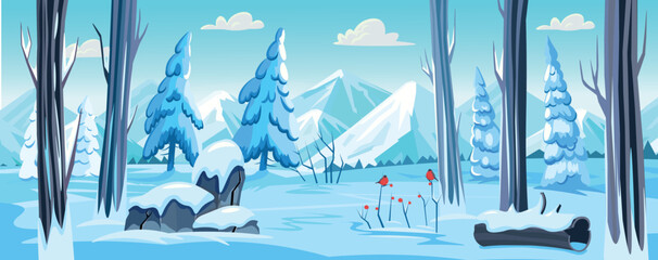 Wall Mural - Winter forest background with trees, snowy fir trees, mountains, stones, driftwood and fields in the snow. Panorama of winter landscape. Vector banner.