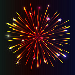 Divali festival. New Year Salute. 4th July Salute. Vector isolated firework on a dark background. Glowing effects. Shining elements and stars for bg. Holiday firework.