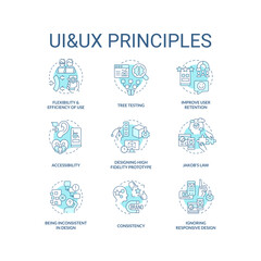 Wall Mural - ui ux principles turquoise concept icons set. interaction design fundamentals idea thin line color i