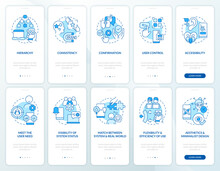 User Experience Design Rules Blue Onboarding Mobile App Screen Set. Walkthrough 5 Steps Editable Graphic Instructions With Linear Concepts. UI, UX, GUI Template. Myriad Pro-Bold, Regular Fonts Used