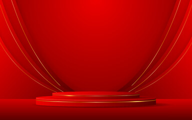 Red podium with red curves and elegant gold lines on the back for product presentation. Cosmetic product display. vector illustration
