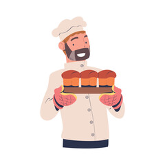 Sticker - Bearded Man Baker in Toque Holding Freshly Baked Bread Vector Illustration