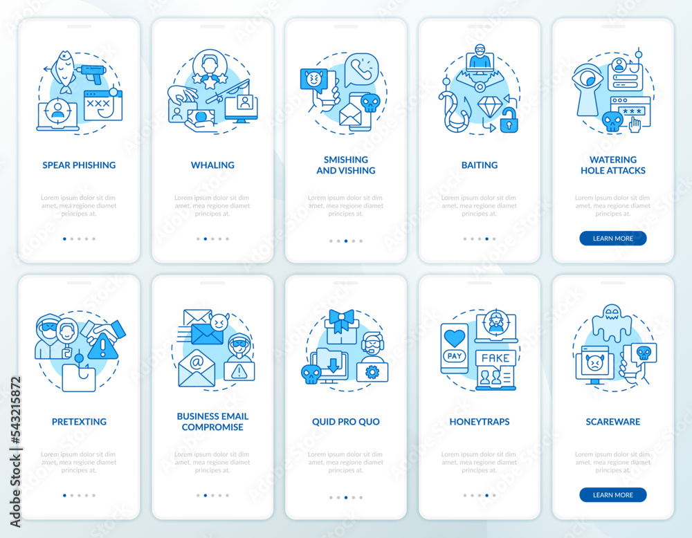 Types of social engineering blue onboarding mobile app screen set ...