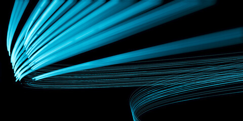 Wall Mural - Abstract 3D illustration of glowing bright blue neon light streaks in motion. Visualization of data transfer, rapid movement or cyberspace on black background