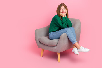 Poster - Full length photo of doubtful funny girl dressed knitted pullover arms cheeks looking empty space isolated pink color background