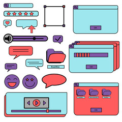  Collection of pc desktop  message boxes and user interface elements. Vintage comics illustrations in retro style of the 80s and 90s. Vector illustration of UI and UX. Vaporwave cute retro style .