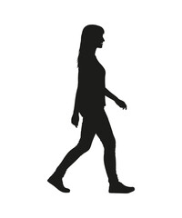 Wall Mural - Silhouette of young woman walking side view vector illustration.