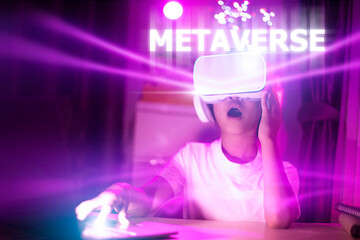 Wall Mural - Metaverse Technology concepts. Little girl and experiences of metaverse virtual world on colorful background