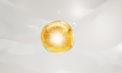 3D Gold Collagen serum and vitamin hyaluronic acid skin care solutions with cosmetic advertising background. 3d rendering.