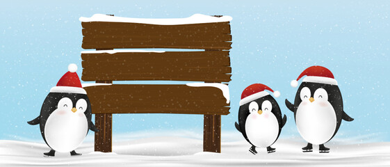 Winter scene group of cute Penguins standing with Wood sign post,Vector funny penguin cartoon character wearing red Christmas hat playing ice skating on snow,Christmas and New Year 2023 greeting card