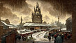 AI generated image of a vintage Victorian era Railway station on a cold snow-covered day 
