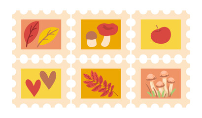 Wall Mural - Autumn postage stamps for letters vector illustrations set. Collection of cartoon drawings of stamps with leaves, mushrooms, apple and hearts. Autumn, post service, communication concept