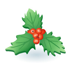 Wall Mural - Three-dimensional mistletoe or holly icon. Plant with green leaves and red berries for Christmas decoration 3D vector illustration on white background. Christmas, winter holidays, decoration concept