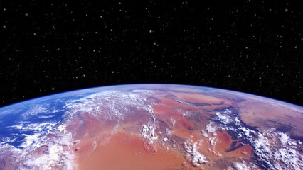 Wall Mural - Planet earth view from space, planet horizon desert landscape against stars in space, animation based on image by Nasa
